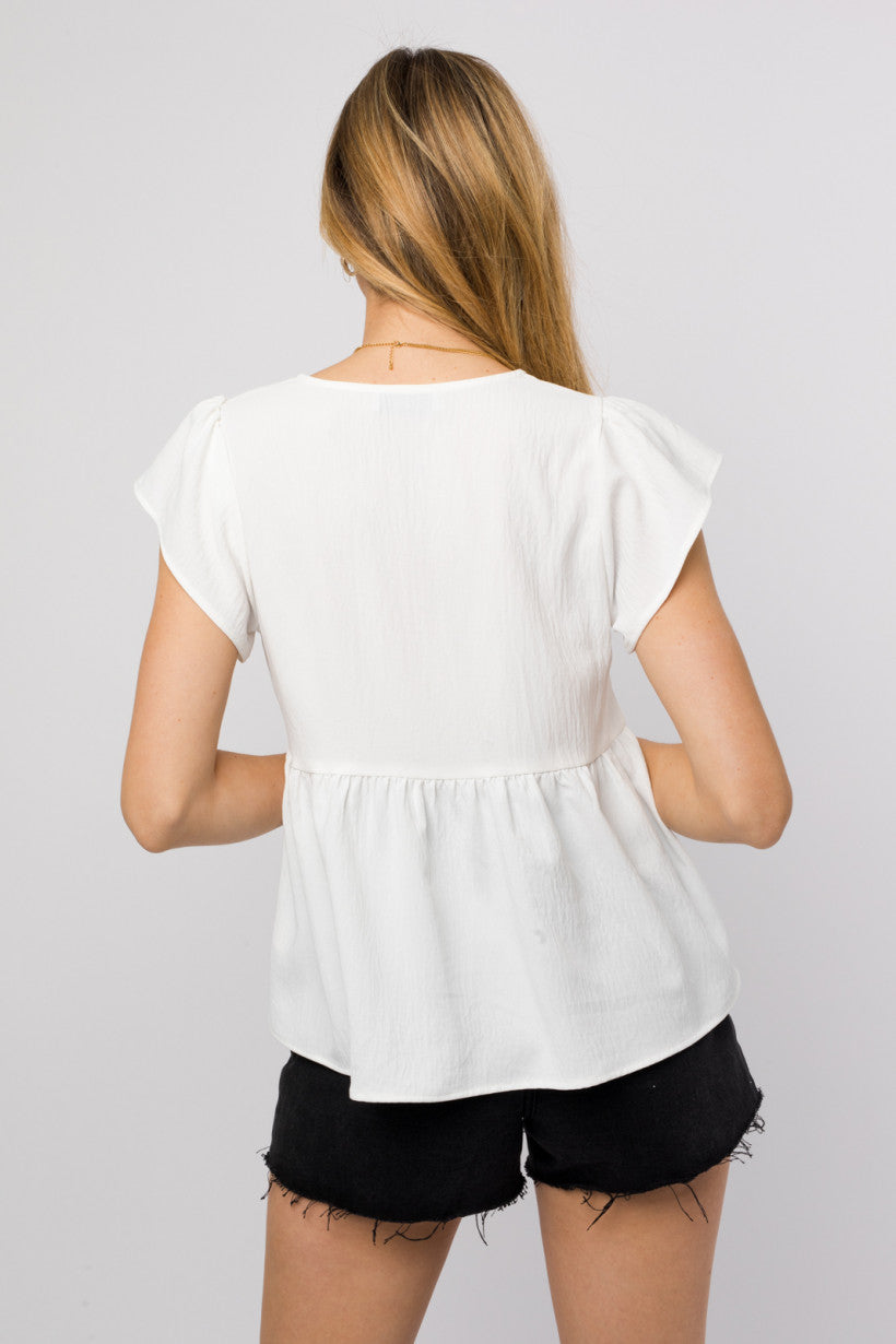 Ruffle Sleeve V-Neck Shirring Top - White ONLY 1 L LEFT