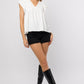 Ruffle Sleeve V-Neck Shirring Top - White ONLY 1 L LEFT