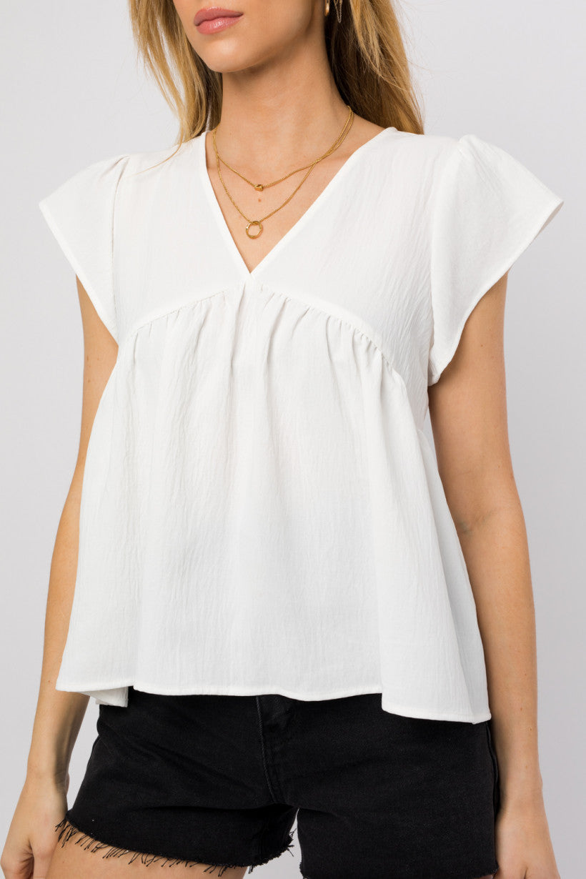 Ruffle Sleeve V-Neck Shirring Top - White ONLY 1 L LEFT