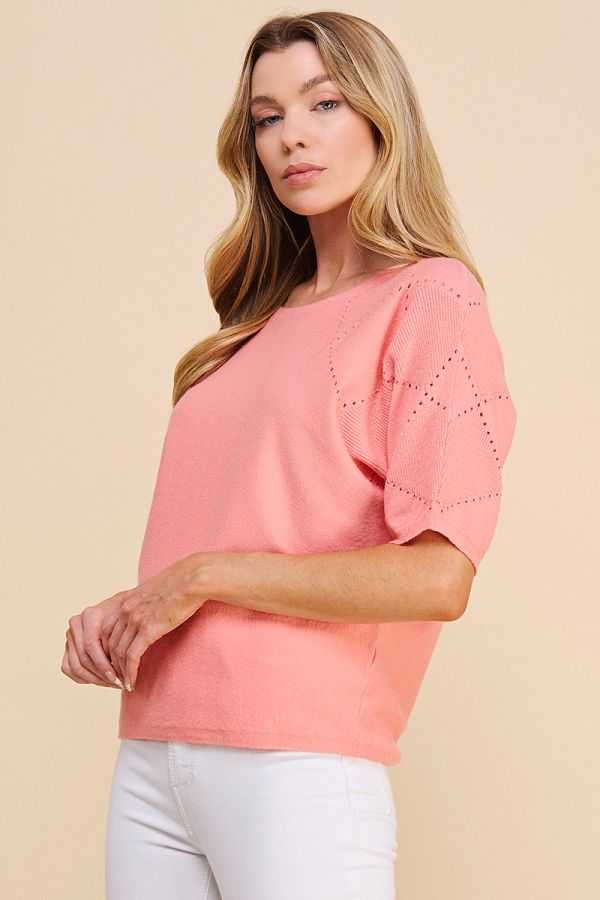 Diamond Pointelle Detail Fine Gauge Sweater - Peach Rose