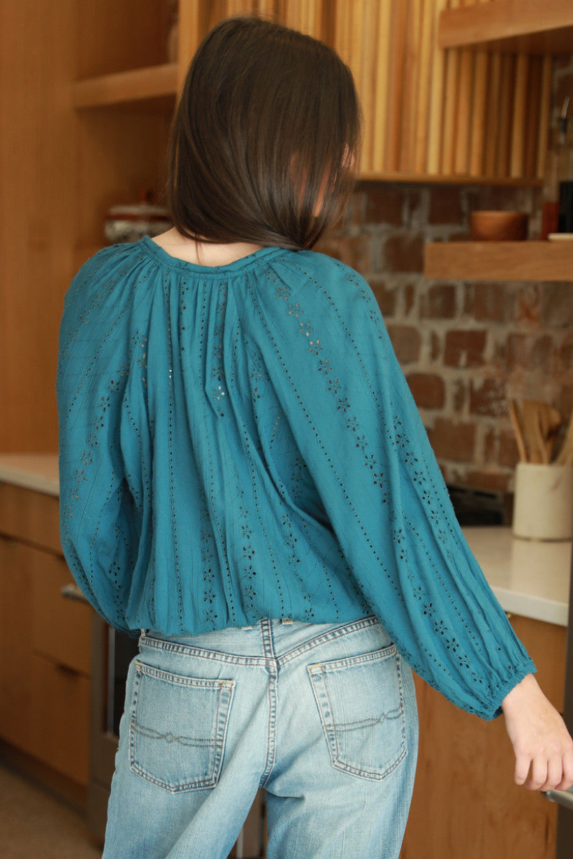 Eyelet Button Front Blouse - Teal