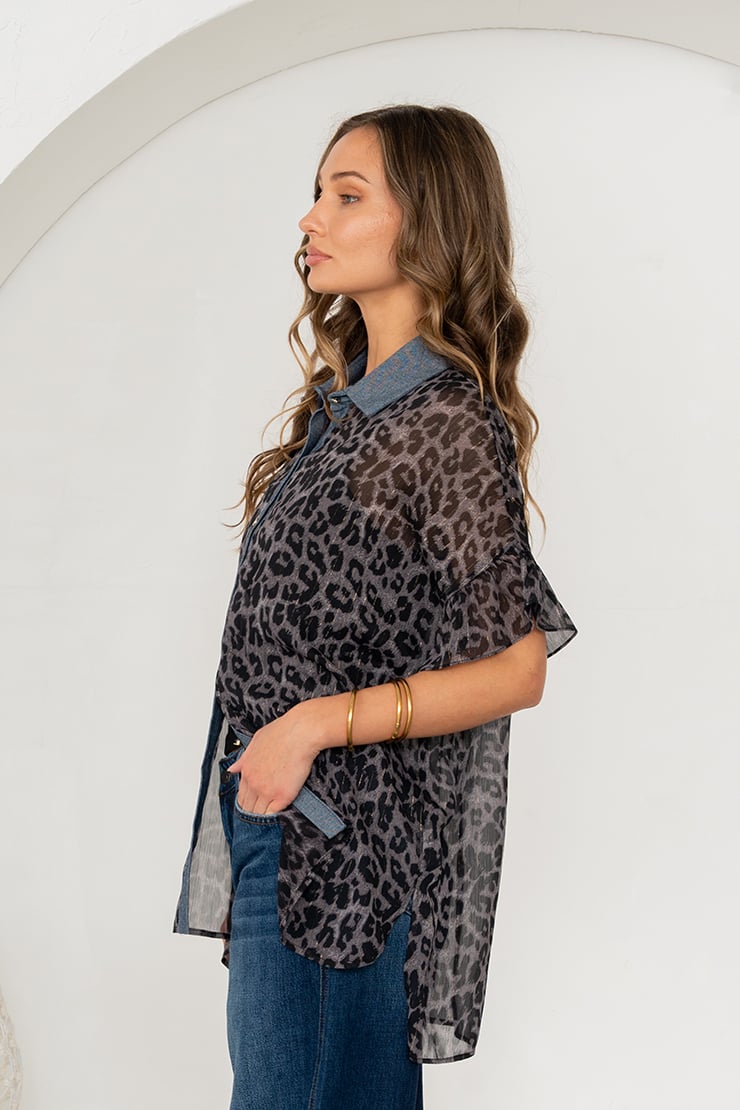 Leopard Chiffon Top - Charcoal/Denim