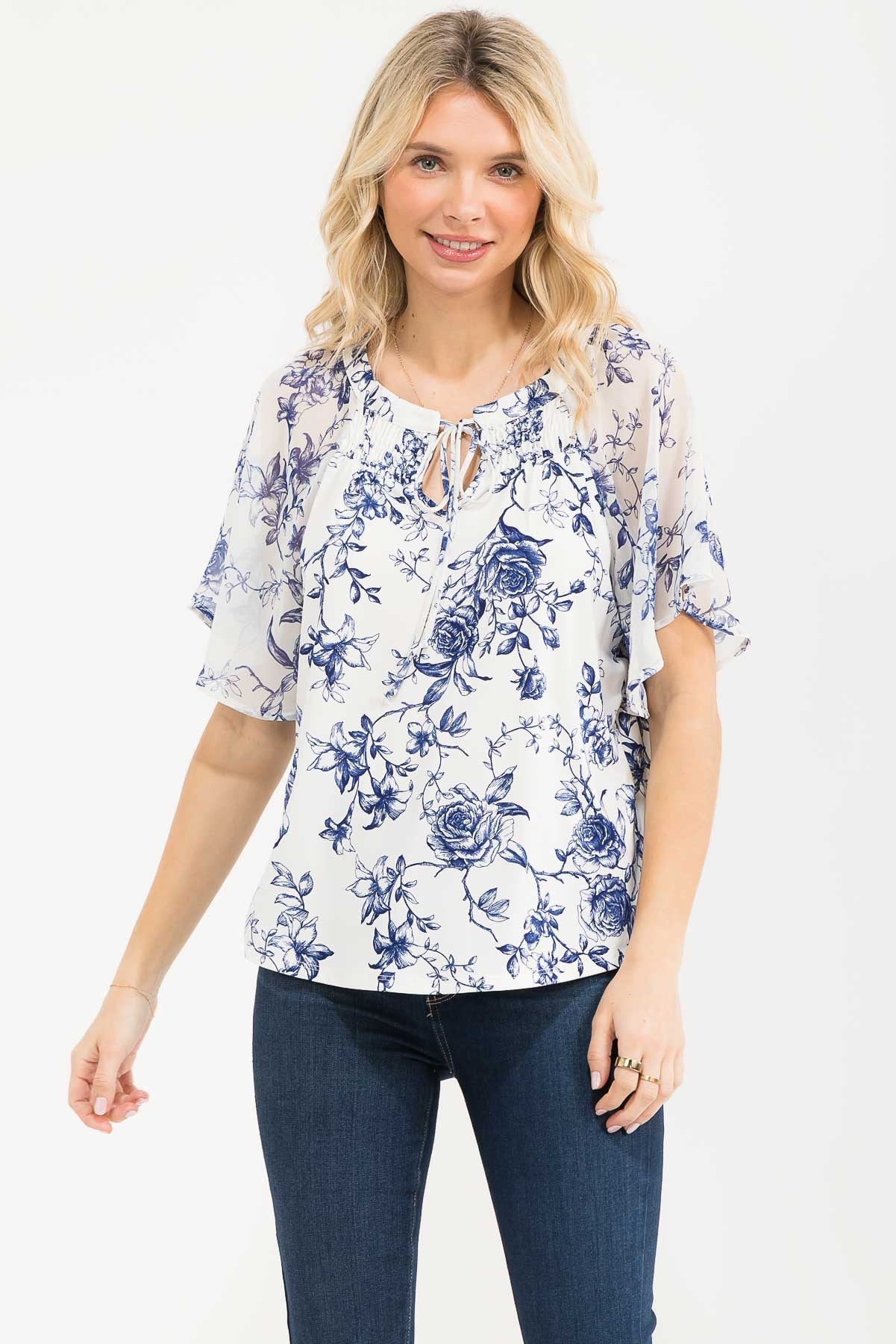 Floral Mixed Media Peasant Top - Ivory/Navy