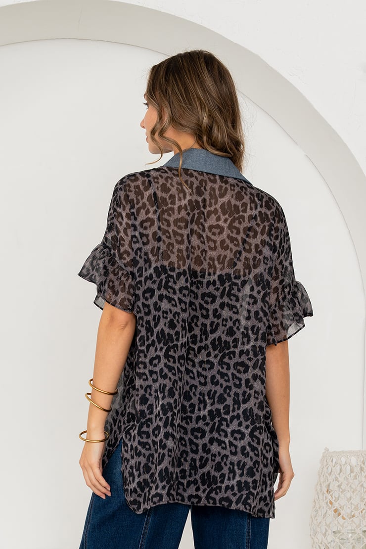 Leopard Chiffon Top - Charcoal/Denim