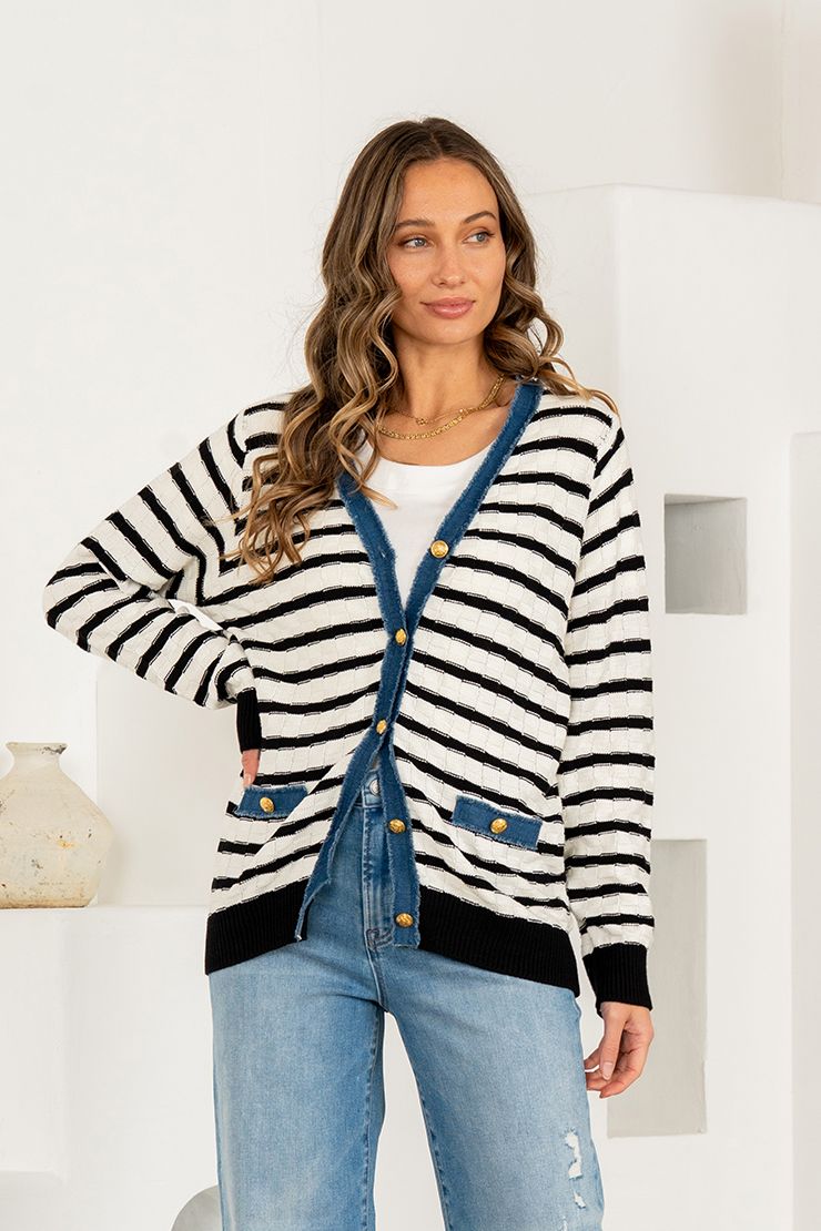 Striped Button Up Cardigan - Ivory/Black/Denim