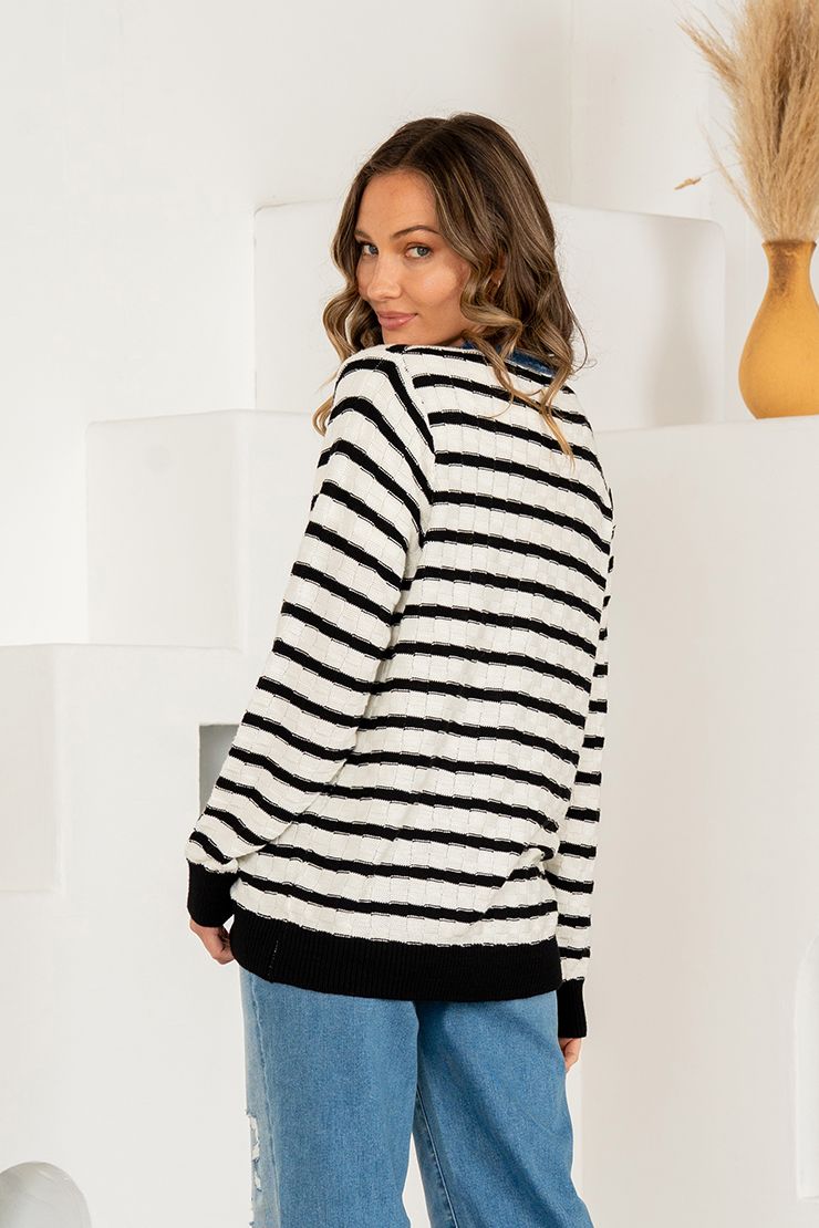 Striped Button Up Cardigan - Ivory/Black/Denim