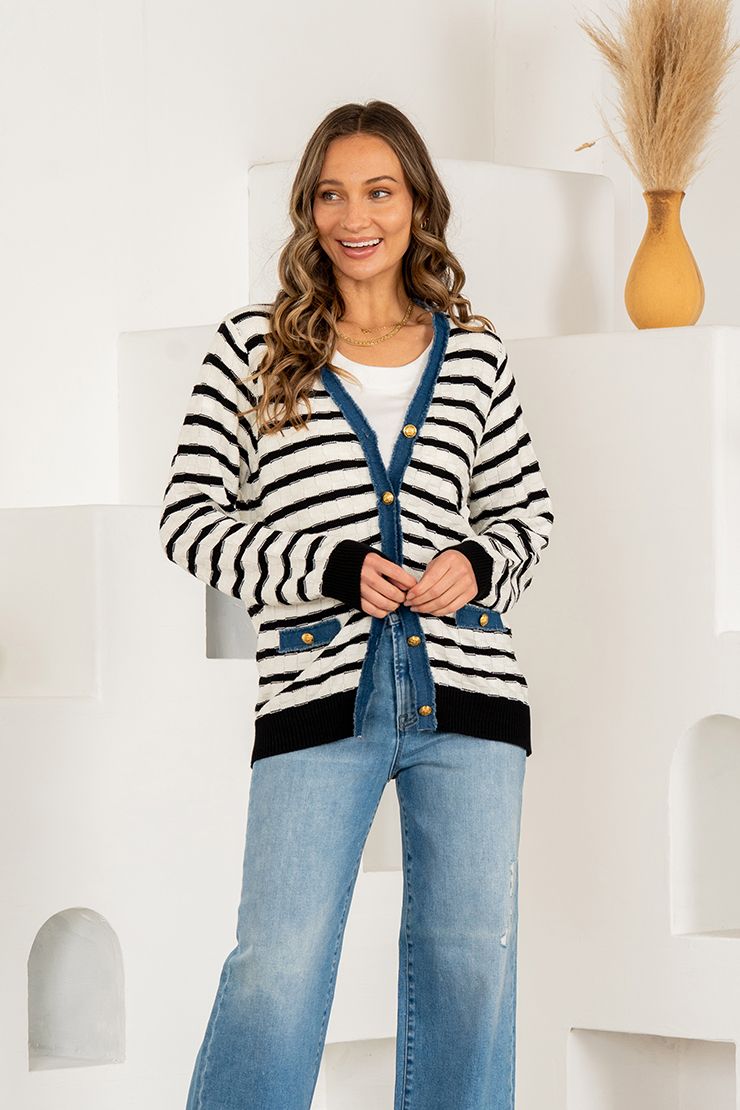 Striped Button Up Cardigan - Ivory/Black/Denim