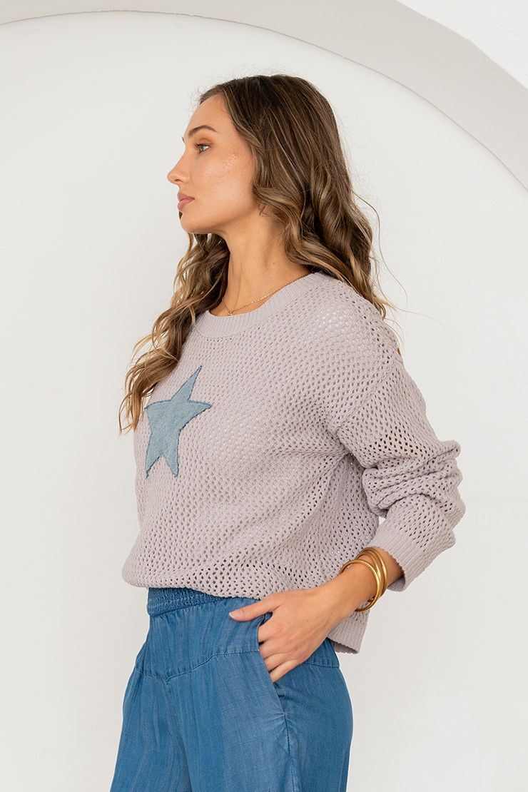 Open Knit Denim Star Top - Grey/Denim