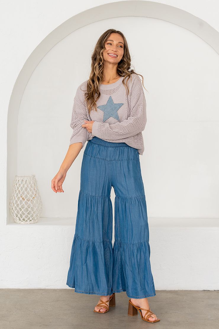 Open Knit Denim Star Top - Grey/Denim