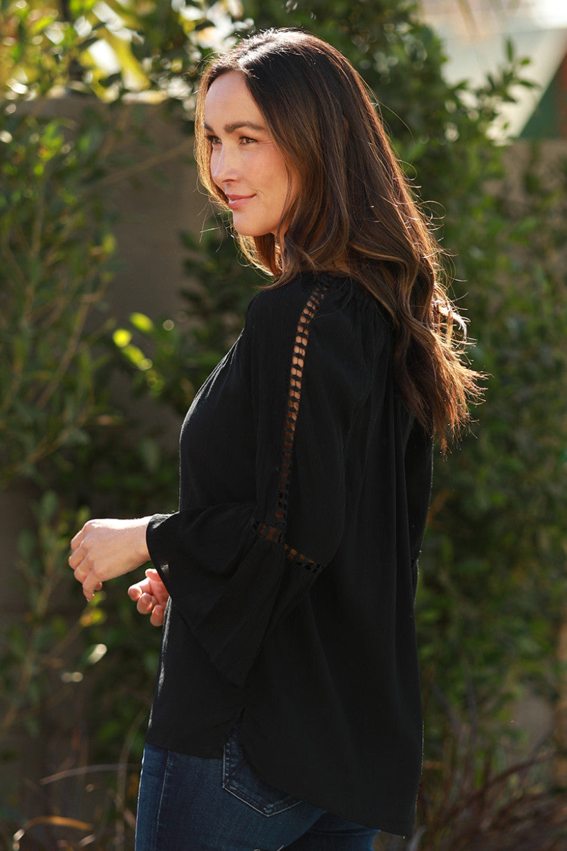 Crochet Blouse with Tie Neck - Black