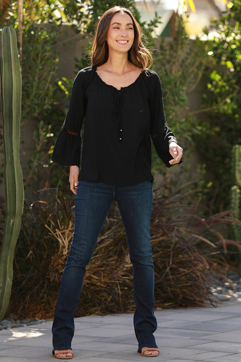 Crochet Blouse with Tie Neck - Black