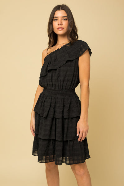 One Shoulder Tiered Textured Dress - Black