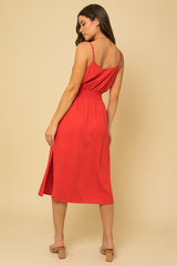 Tie Waist Smocked Back Midi Cami Dress - Tomato Red
