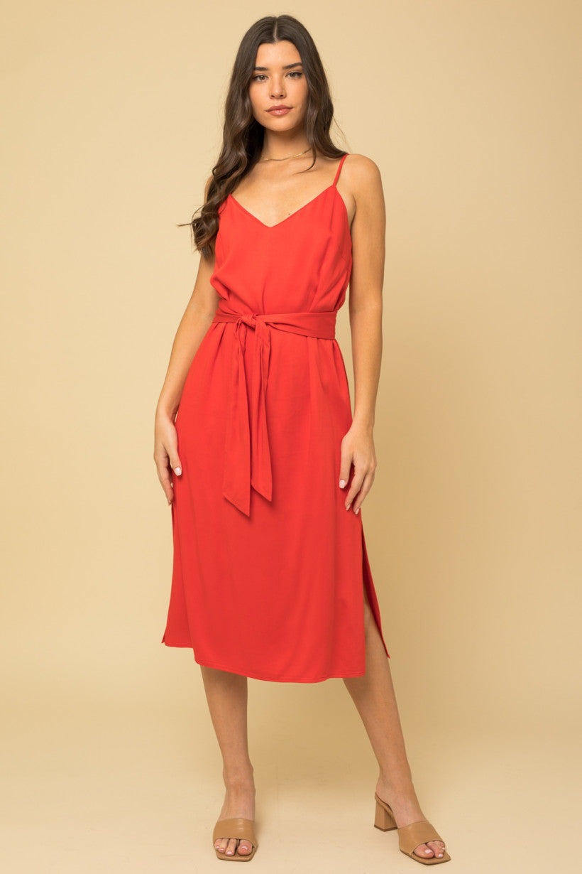 Tie Waist Smocked Back Midi Cami Dress - Tomato Red