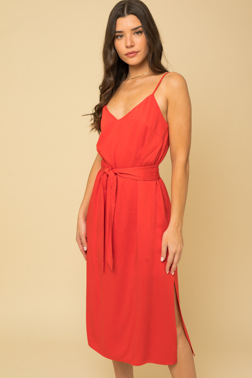 Tie Waist Smocked Back Midi Cami Dress - Tomato Red