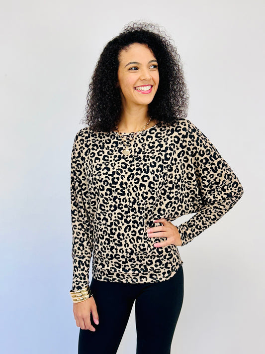 Cashmere Animal Print Dolman Top - Khaki/Black