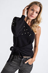 One Shoulder Sweater with Pearl Accents - Black