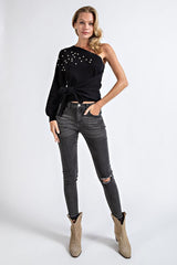 One Shoulder Sweater with Pearl Accents - Black ONLY L LEFT