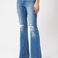 Mid Rise Distressed Flare - Med Blue