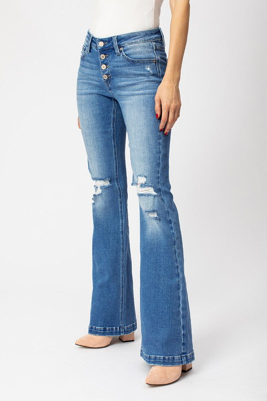 Mid Rise Distressed Flare - Med Blue