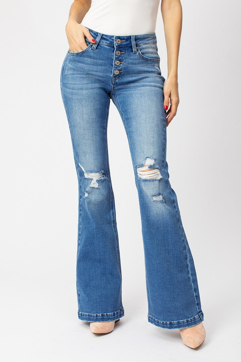 Mid Rise Distressed Flare - Med Blue