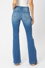 Mid Rise Distressed Flare - Med Blue