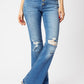 Mid Rise Distressed Flare - Med Blue