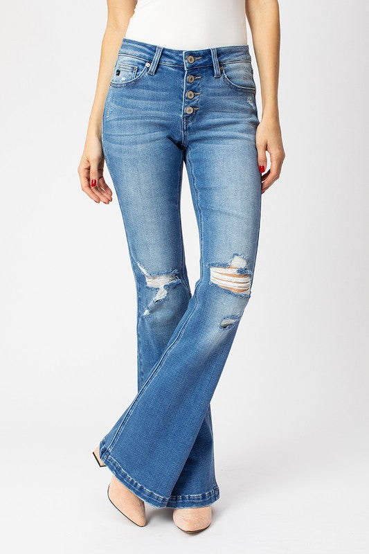 Mid Rise Distressed Flare - Med Blue