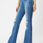 Mid Rise Distressed Flare - Med Blue