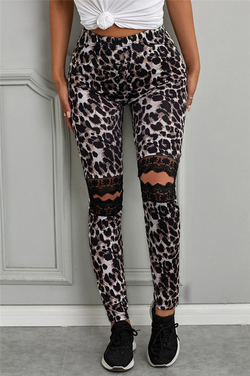 Leopard Leggings with Lace Cut Out