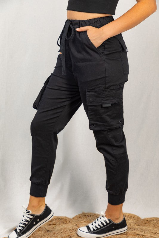 High Waisted Solid Woven Cargo Jogger - Black