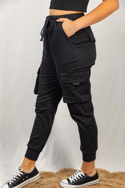 High Waisted Solid Woven Cargo Jogger - Black