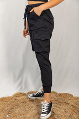 High Waisted Solid Woven Cargo Jogger - Black