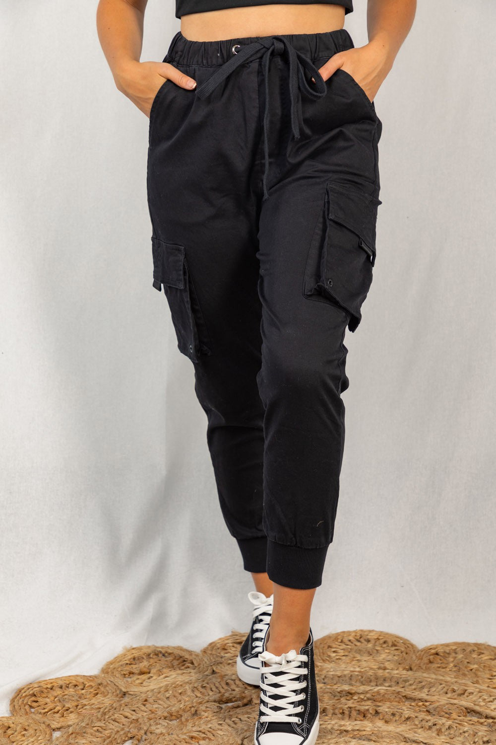 High Waisted Solid Woven Cargo Jogger - Black