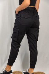 High Waisted Solid Woven Cargo Jogger - Black