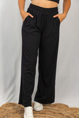 Ribbed Knit Wide Leg Pant with Side Slit - Black