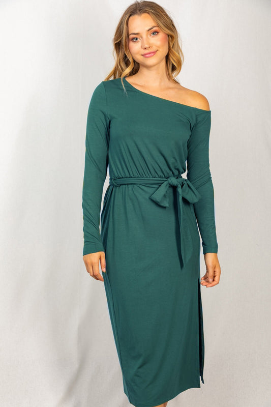 Tie Waist Midi Dress - Forest Green