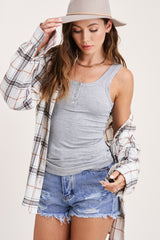 Button Ribbed Tank Top - Heather Grey