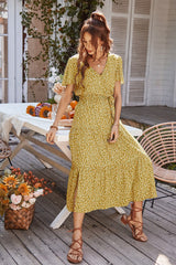V Neck Short Sleeve Flower Print Dress - Yellow ONLY 1 SIZE XL LEFT