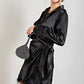 Satin Surplice Dress with Feather Trim Hem - Black ONLY L LEFT