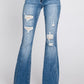 Mid Rise Distressed Tie Flare - PETITE - Medium Blue