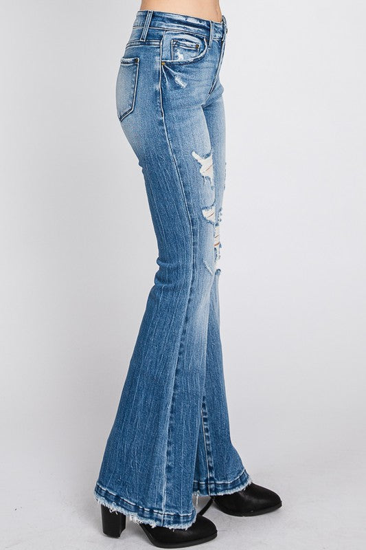 Mid Rise Distressed Tie Flare - PETITE - Medium Blue