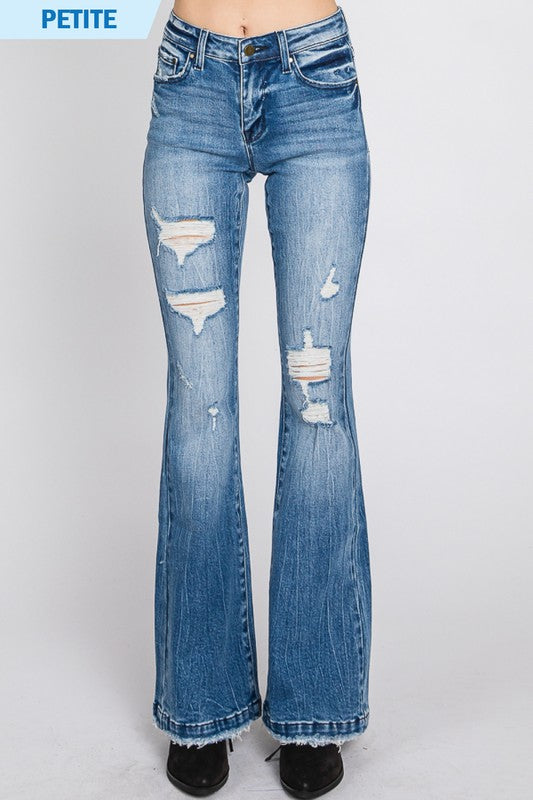 Mid Rise Distressed Tie Flare - PETITE - Medium Blue