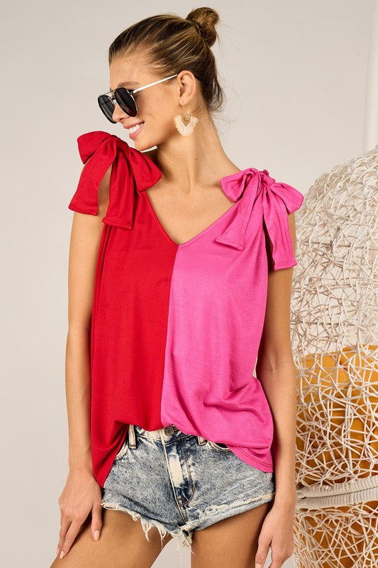 Color Block Top With Shoulder Ties - Red/Fuchsia ONLY 1 XL LEFT