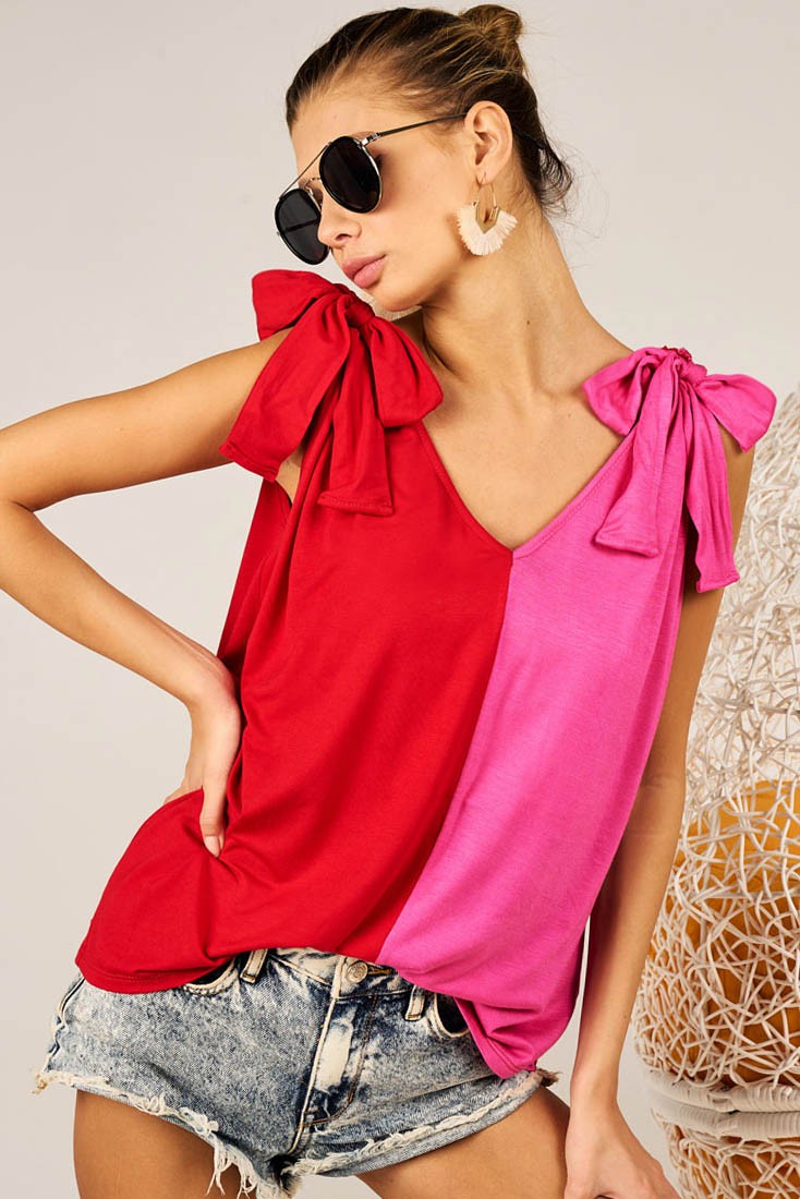 Color Block Top With Shoulder Ties - Red/Fuchsia ONLY 1 XL LEFT