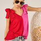 Color Block Top With Shoulder Ties - Red/Fuchsia ONLY 1 XL LEFT