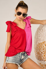 Color Block Top With Shoulder Ties - Red/Fuchsia ONLY XL LEFT