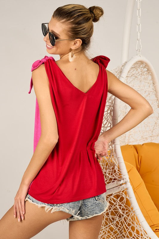 Color Block Top With Shoulder Ties - Red/Fuchsia ONLY 1 XL LEFT