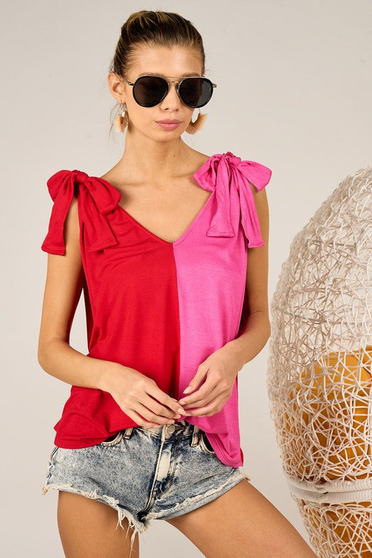 Color Block Top With Shoulder Ties - Red/Fuchsia ONLY 1 XL LEFT