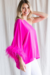 One Shoulder Feather Top - Hot Pink